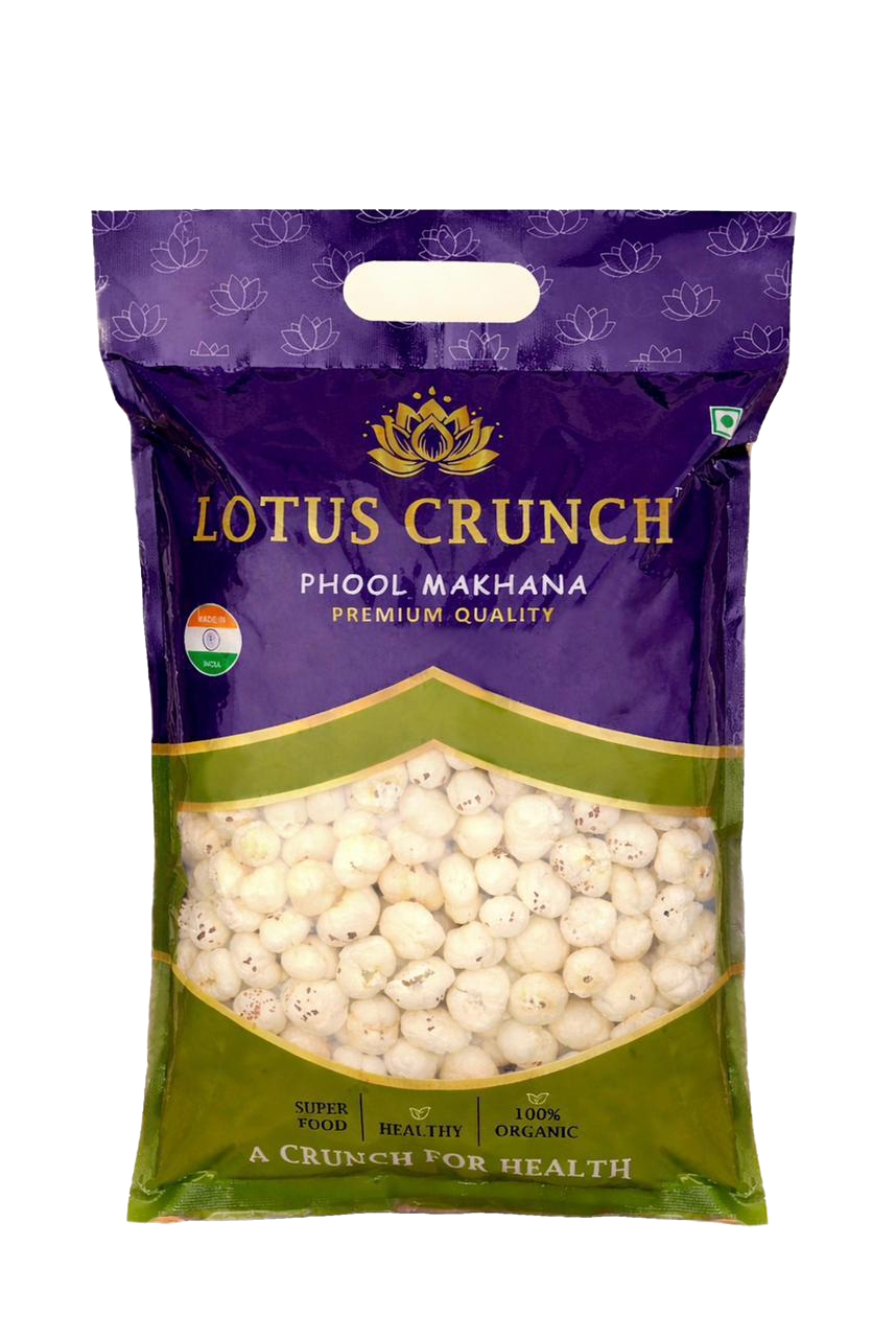Lotus Crunch Phool Makhana premium bag with golden lotus emblem on royal purple.